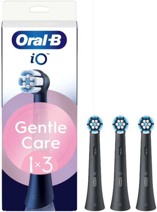 Oral-B iO tannbørster med tre børstehoder og mild pleie emballasje.