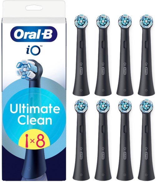 Åtte ekstra børstehoder til Oral-B iO elektriske tannbørster i svart. Esken viser tannbørste med hoder. Klart emballasje.