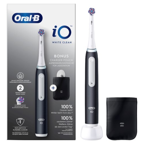A toothbrush with a charger pouch, black and white design, and branding for Oral-B iO White Clean.