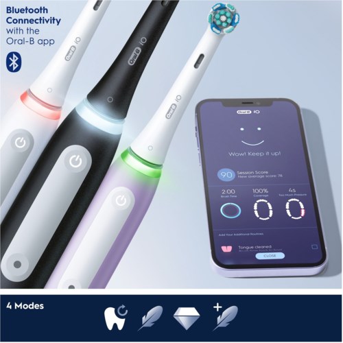 Fyra el-tandborstar med olika färglampor och en smartphone som visar borsthistorik.