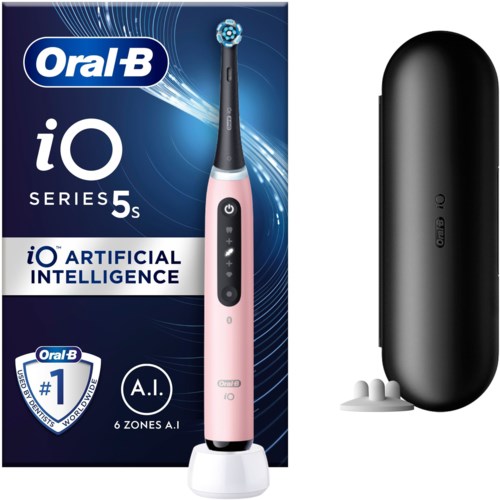 Oral-B iO Series 5S electric toothbrush with AI features and cleaning case. The box shows the toothbrush and case. 