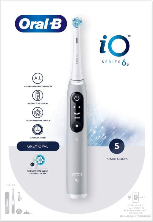 A white electric toothbrush with digital display, capable of five brushing modes, featuring smart sensors and pressure control.