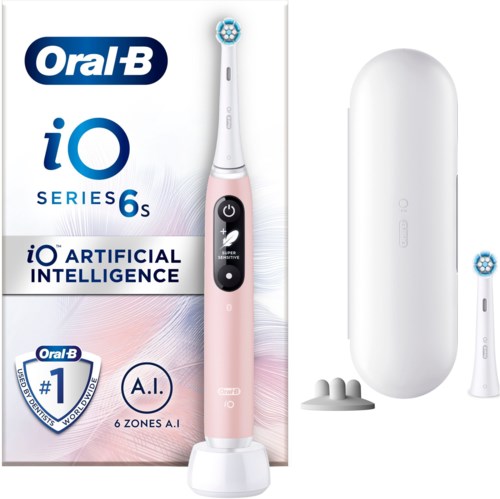 A pink and white electric toothbrush with AI technology and 6 cleaning zones. Comes with a case and extra brush head.