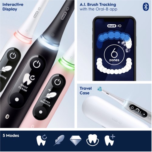 Electric toothbrushes with 5 cleaning modes, a travel case, and a smartphone app for brushing control.