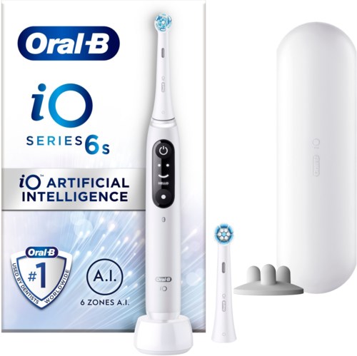 Box showing an Oral-B iO Series 6s electric toothbrush with AI features and accessories.