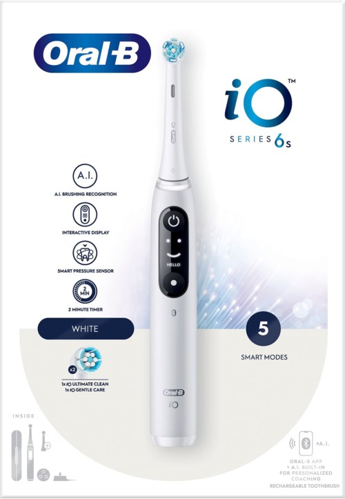 An electric toothbrush named Oral-B iO Series 6s with five cleaning modes, smart features, and a white color.