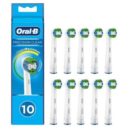 Doos en tien elektrische tandenborstelkoppen voor Oral-B, met groene en witte borstelharen.