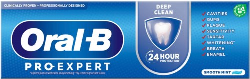 Tandkräm förpackning i blått och vitt, betonar djup rengöring, 24 timmar skydd och mintsmak.