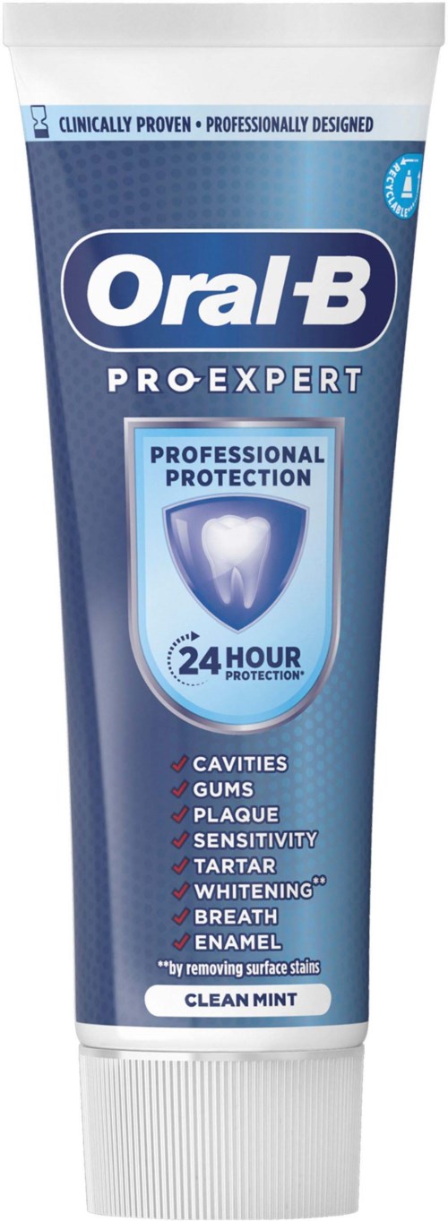 En tannkremtube merket Oral-B ProExpert med blå og hvit design, med vekt på 24-timers beskyttelse og tannproblemer.