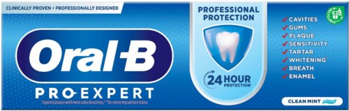 Tannkrememboks med Oral-B-merke, vekt på beskyttelse og bekjemper karies, tannkjøttproblemer og plakk, med 24-timers beskyttelse.