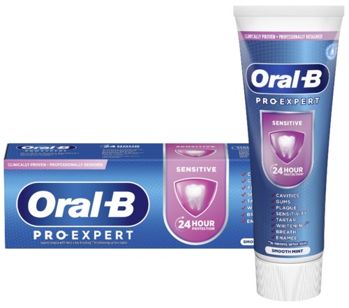 Tandpasta voor gevoelige tanden met 24 uur bescherming, gericht op gaatjes, tandvlees, plaque en whitening, in blauw en paars.