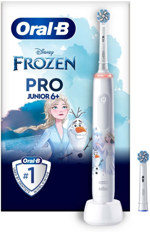 En elektrisk tannbørste for barn med Disney's Frozen-figurer, Elsa og Olaf, med blå og hvit design, egnet for barn 6+.
