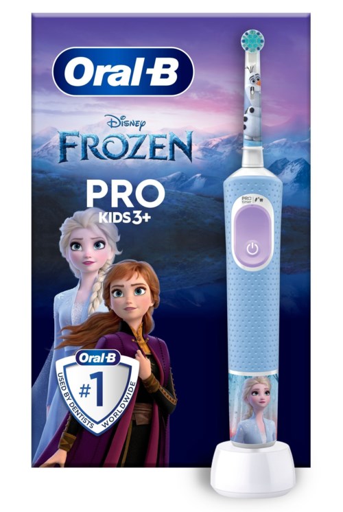 A children's electric toothbrush featuring characters from Disney Frozen, with a blue handle and a small display.