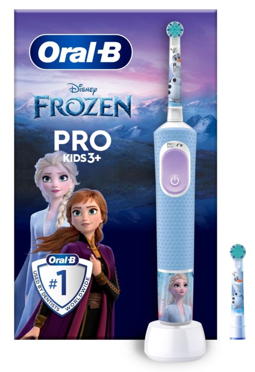Toothbrush with Elsa and Anna characters from Frozen, designed for kids, in blue and purple colors.