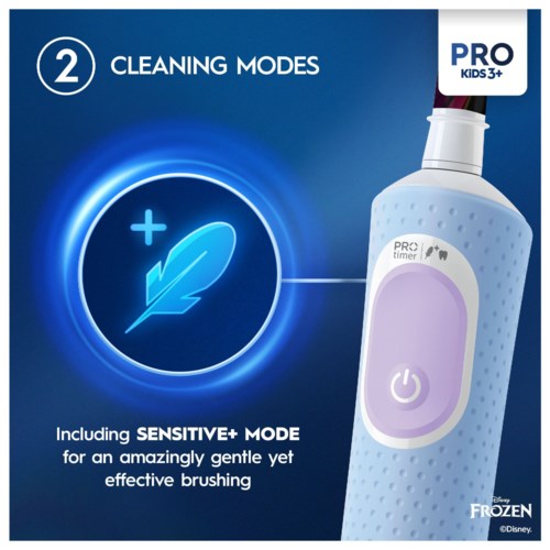 Advertisement for a toothbrush with cleaning modes, including sensitive mode, featuring a power button and brand logo.