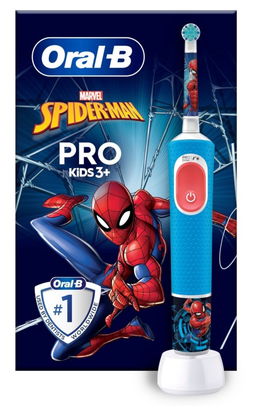 Oral-B Spider-Man-markierte elektrische Zahnbürste für Kinder, in Blau und Rot, mit Spiderman-Design.
