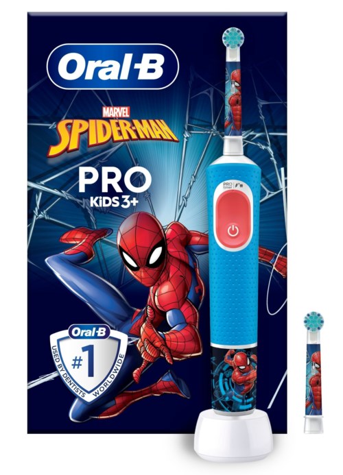 A children's electric toothbrush with Spider-Man theme, the packaging shows Spider-Man and the brand Oral-B. One toothbrush is on the stand.