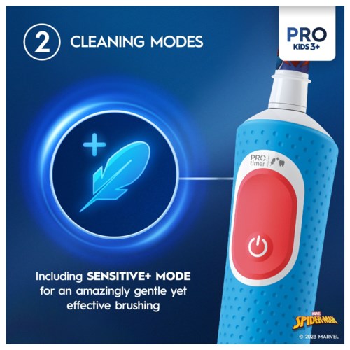A toothbrush with a blue handle and a red power button, featuring cleaning mode options including sensitive mode.