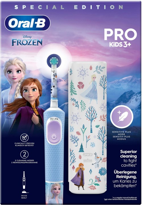 Tandborstel en verpakking met personages uit Disney's Frozen, winterachtergrond en schoonmaakmode.
