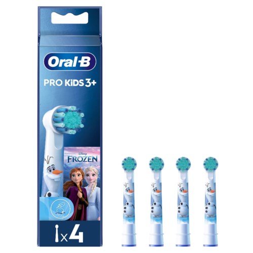 Fire tannbørstehoder til barn i emballasje med Olaf og Anna fra Frost. Merken er Oral-B, for barn over 3 år.