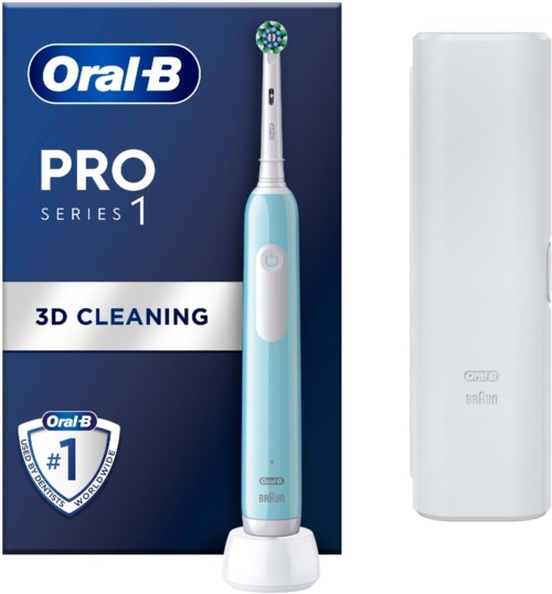 A blue electric toothbrush standing next to a white storage case, with packaging behind showing the brand Oral-B and features.