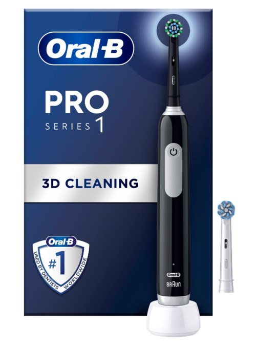En förpackning som visar en Oral-B Pro Series 1 eltandborste med 3D rengöring, batteriindikator och en logga som påstår att det är det bästa märket.