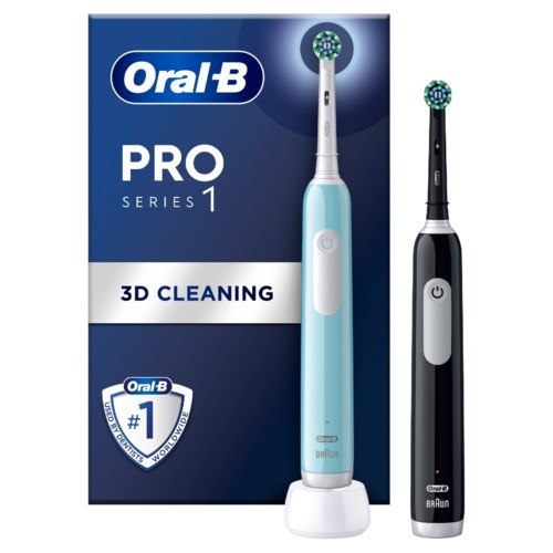 A box with two electric toothbrushes, one blue and one black, indicating they are part of Oral-B's Pro Series 1.