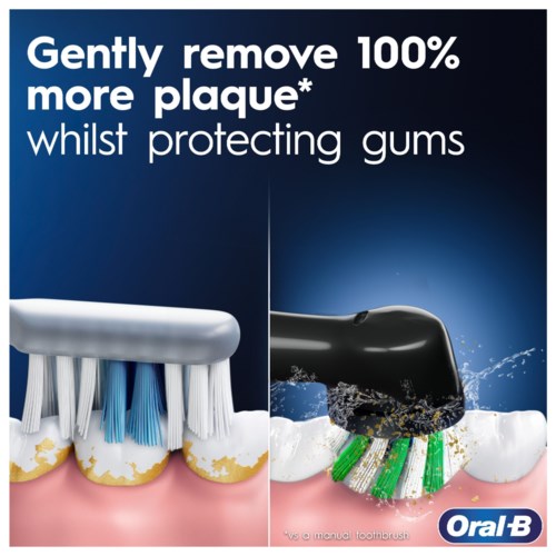 An advertisement shows a toothbrush and a device removing plaque from teeth, protecting gums, and highlighting easy cleaning.