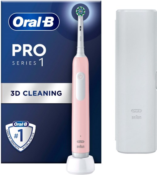 Oral-B Pro Series 1 toothbrush with 3D cleaning, pink color, in box with branding and a white storage case.