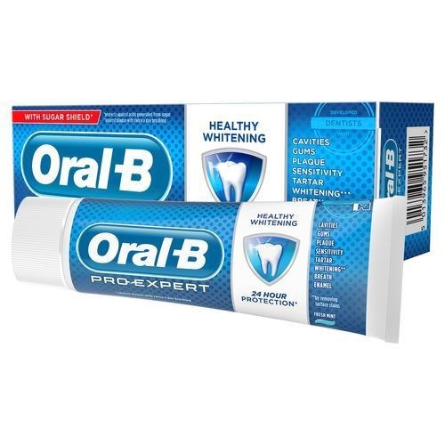 Oral-B tandpasta tube en doos, bevordert whitening, bescherming en frisheid met suikerscherm, voor gezonde tanden.