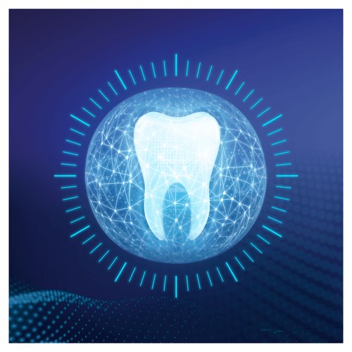 Een gloeiend digitaal tandpictogram omgeven door een cirkelvormig, futuristisch ontwerp op een blauwe achtergrond.
