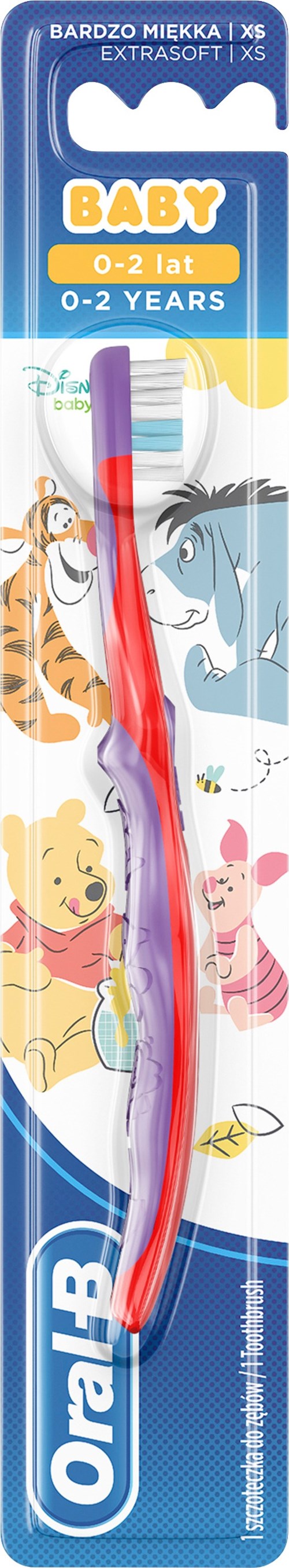 Kindertandborstel in gekleurde verpakking met dieren en blauwe achtergrond.