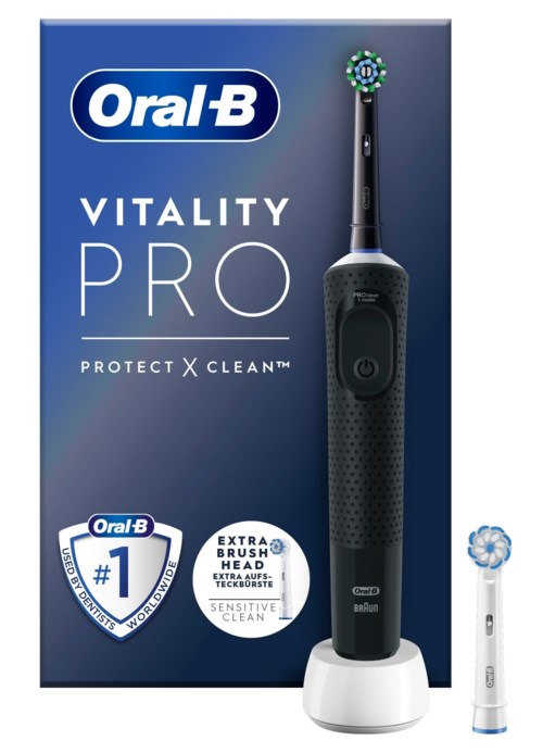 En elektrisk tannbørste kalt Oral-B Vitality Pro, med ekstra børstehode, vist på blå emballasje med logo og produktdetaljer.