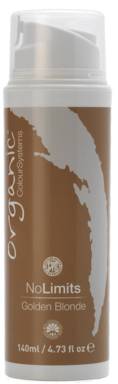 Een bruine spraybus met label "NoLimits Golden Blonde" door OYKO, met witte dop en logo, 140 ml capaciteit.