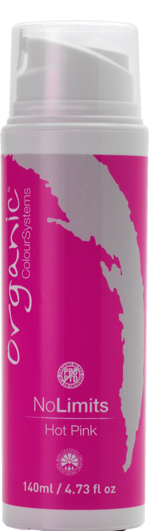 Een roze sprayfles met witte tekst en ontwerp, gelabeld 'No Limits Hot Pink,' 140ml capaciteit.
