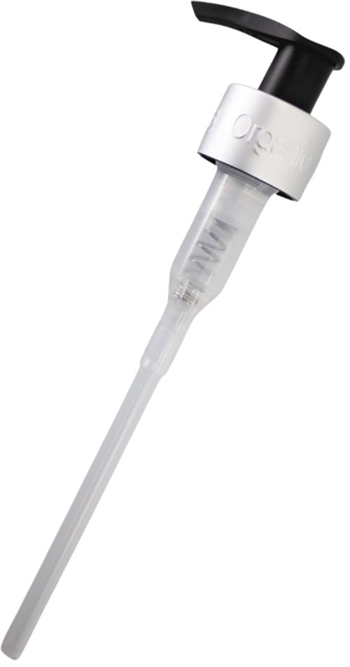 A white and black dropper with a long clear tube and a black pump cap, used for skincare or cosmetic liquids.
