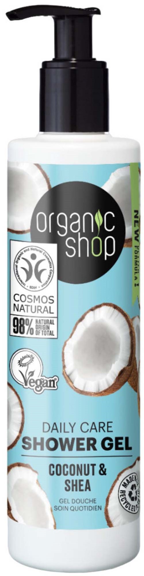 A white bottle with a pump features coconut and shea for shower gel, labeled as vegan and natural, for daily use.