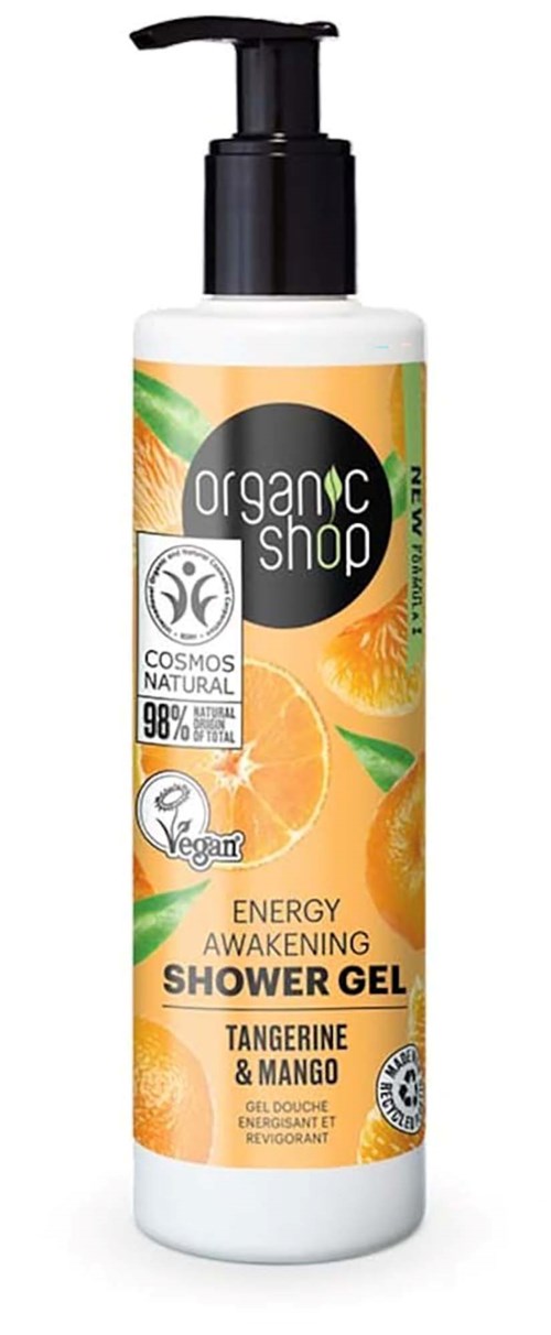 Valkoinen pullo pumpulla, merkiltä 'Organic Shop', oranji ja vihreä design, sisältää mandariini- ja mango suihkugeeli.