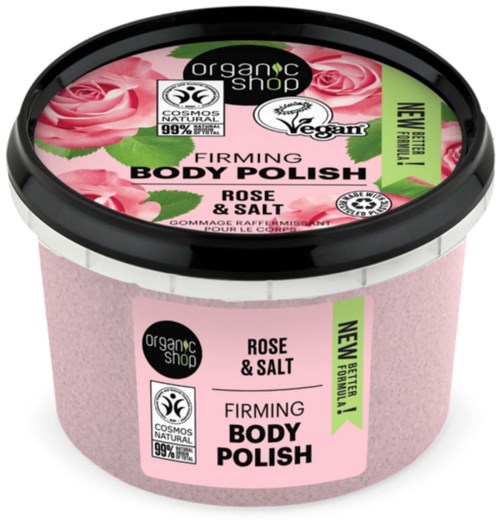 Rosa behållare med fastgörande kroppspeeling med ros och salt från Organic Shop, med naturliga och veganska etiketter.
