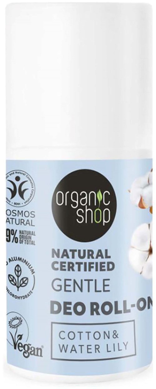 En hvit deodorant-roll-on-flaske merket 'Organic Shop' med ingredienser av bomull og vannlilje, naturlig og vegansk.