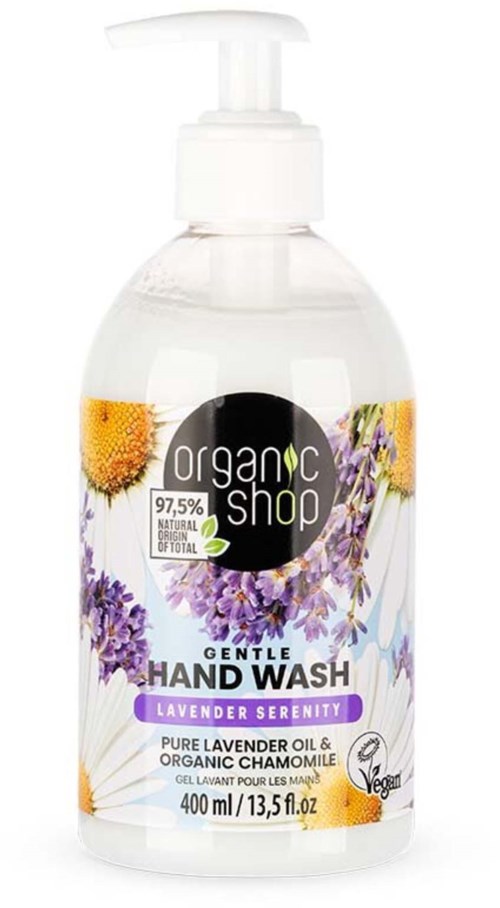 En klar flaske med pumpe merket 'Gentle Hand Wash' med lavendel, kamilleblomster og en vegansk logo.
