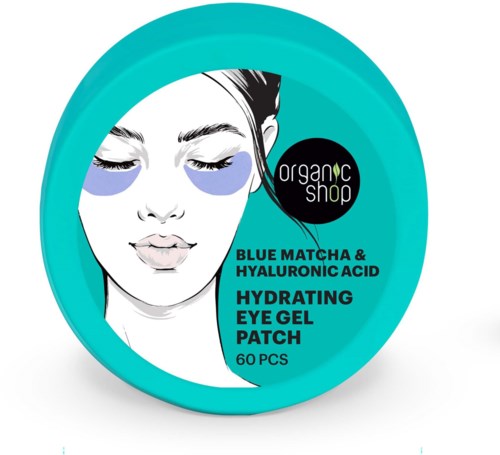A round package shows a woman's face with eye patches and text about hydrating eye gel patches.