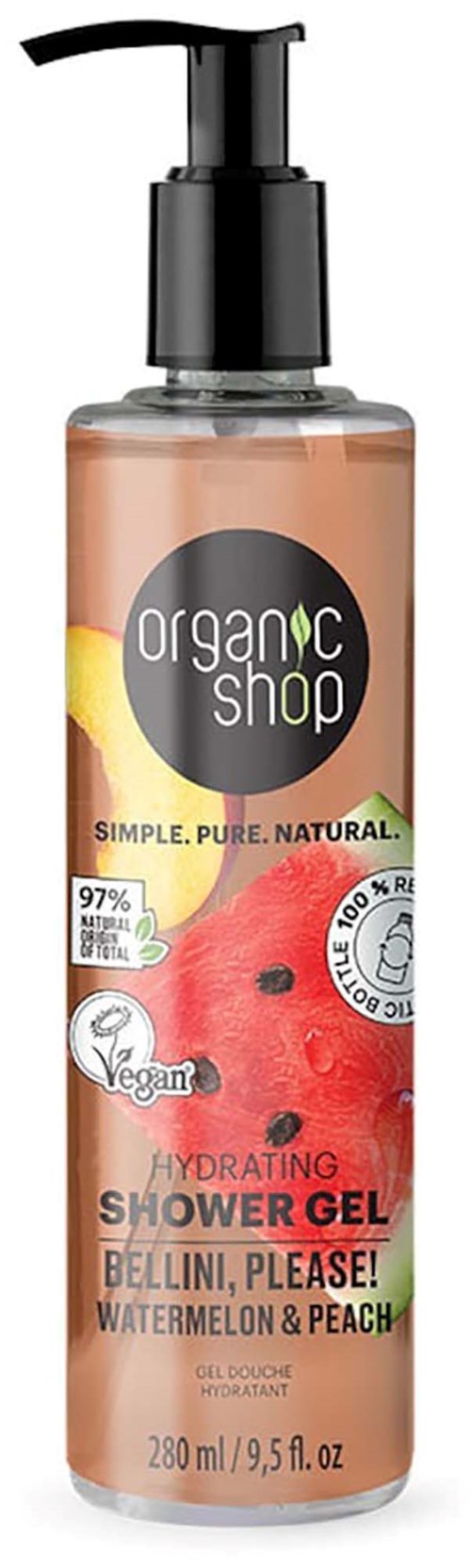 Pullo kosteuttavaa suihkugeeliä persikan ja vesimelonin tuoksulla, 280 ml, pumppupullossa.