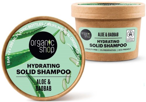 Rund tvålpåse med grön etikett, aloe och baobab, och miljövänlig förpackning. Produkten är återfuktande fast schampo.