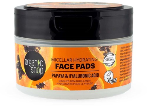 Orange and black container of facial face pads with papaya and hyaluronic acid, vegan and organic.
