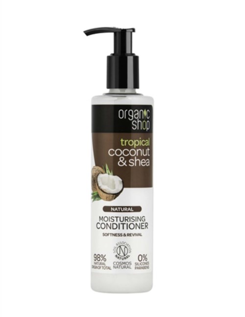 En lang hvit flaske med pumpe, merket som økologisk, tropisk kokos og shea fuktighetsgivende balsam.