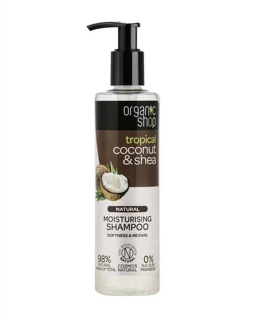 En sjampo flaske med pumpe merket som økologisk, kokos og shea, fuktighetsgivende med naturlige ingredienser, 98% naturlig.