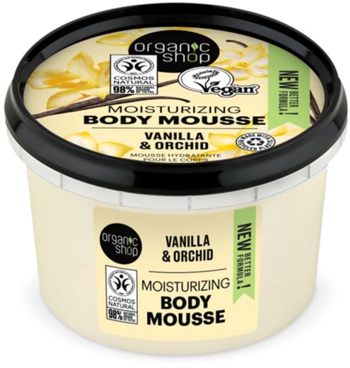Label for a moisturizing body mousse with vanilla and orchid scent in a round container.