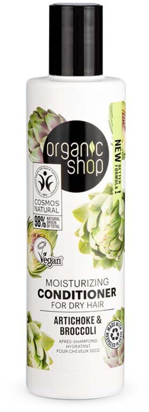 En vit flaska märkt 'Organic Shop' med gröna konstgjord artichoke och broccoli bilder, som påstår att den återfuktar torrt hår.