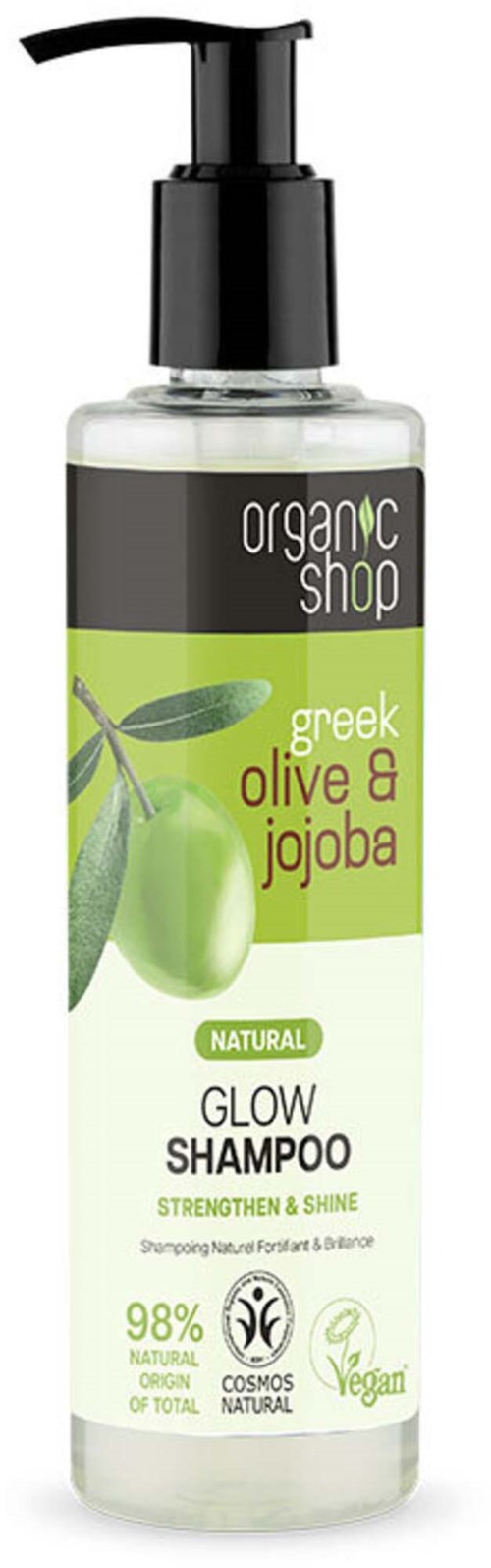 A clear bottle of shampoo with a black pump, labeled 'organic shop, Greek olive & jojoba, glow shampoo, vegan, natural, 98% natural.'